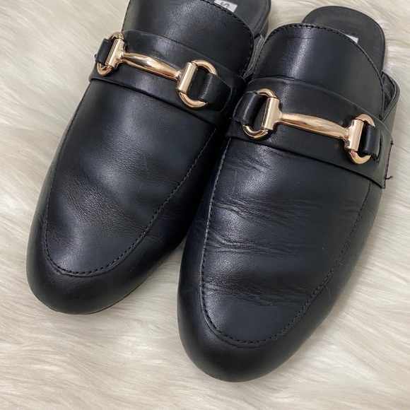 Steve Madden Black Leather Horsebit Loafers Mules - Picture 4 of 9